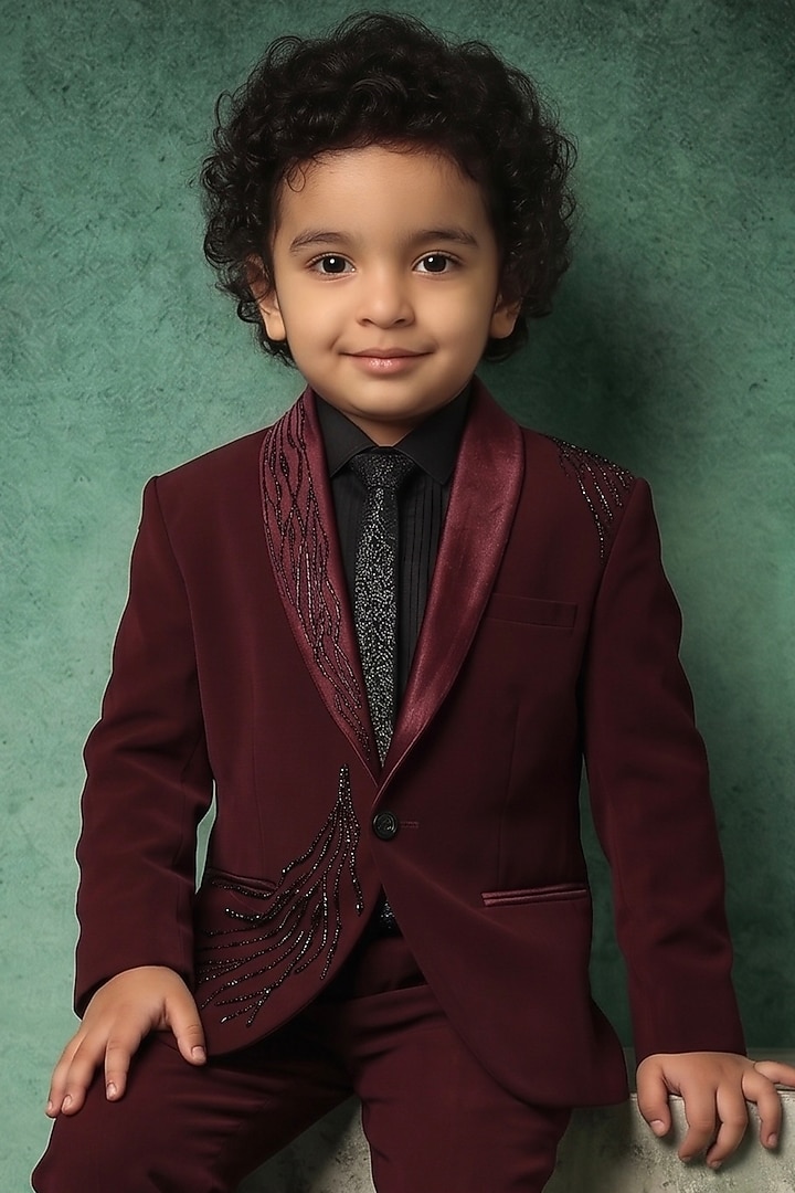 Wine Japanese Twill Handwork Tuxedo Set For Boys by Abees Kids at Pernia's Pop Up Shop
