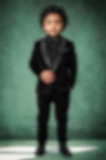 Black Japanese Twill Handwork Tuxedo Set For Boys by Abees Kids at Pernia's Pop Up Shop