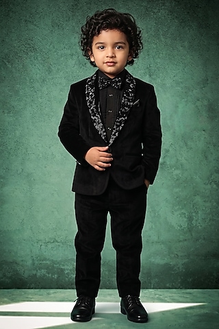 Black Japanese Twill Handwork Tuxedo Set For Boys by Abees Kids