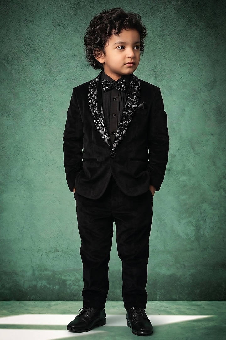 Black Japanese Twill Handwork Tuxedo Set For Boys by Abees Kids at Pernia's Pop Up Shop