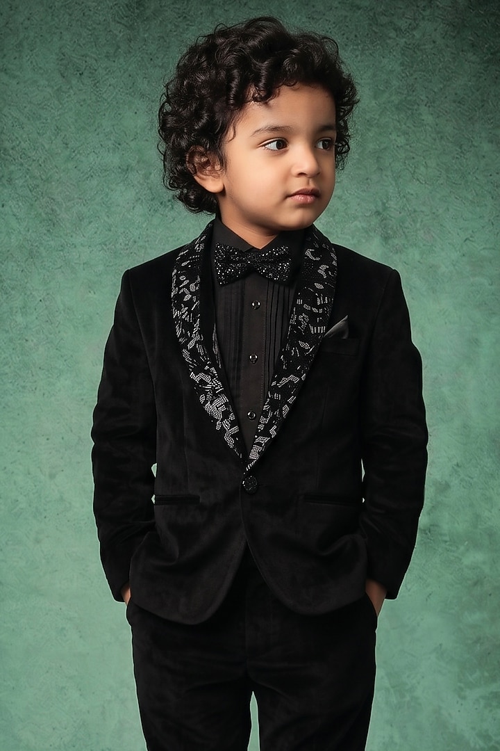 Black Japanese Twill Handwork Tuxedo Set For Boys by Abees Kids at Pernia's Pop Up Shop
