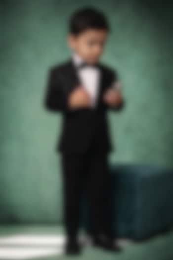 Black Japanese Twill Handwork Tuxedo Set For Boys by Abees Kids at Pernia's Pop Up Shop