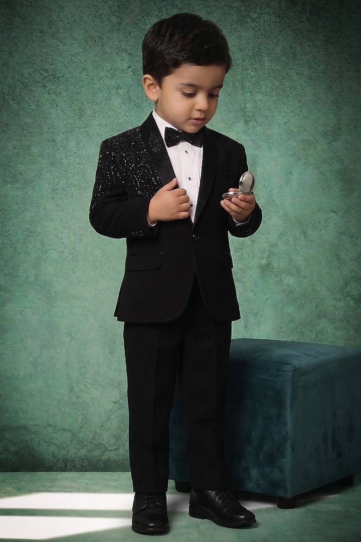 Black Japanese Twill Handwork Tuxedo Set For Boys by Abees Kids at Pernia's Pop Up Shop