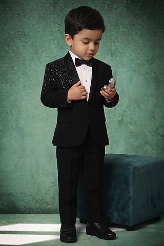 Black Japanese Twill Handwork Tuxedo Set For Boys by Abees Kids