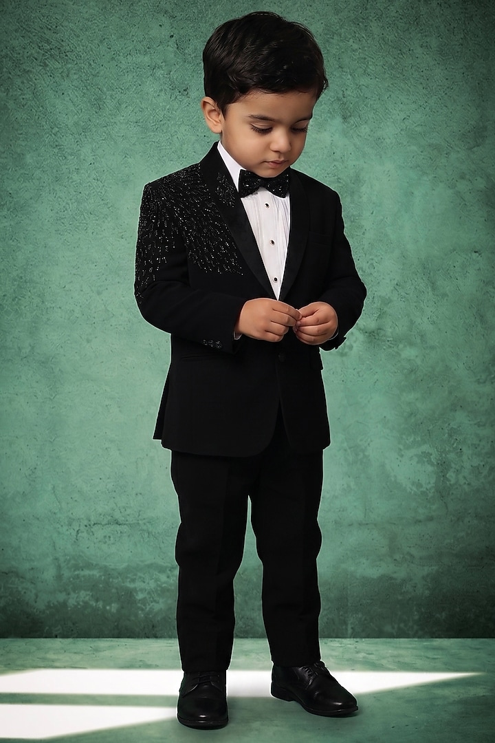 Black Japanese Twill Handwork Tuxedo Set For Boys by Abees Kids at Pernia's Pop Up Shop