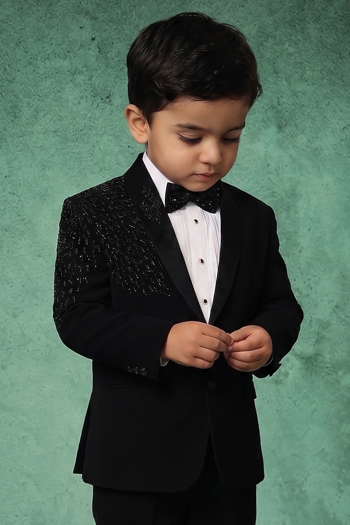 Black Japanese Twill Handwork Tuxedo Set For Boys by Abees Kids at Pernia's Pop Up Shop