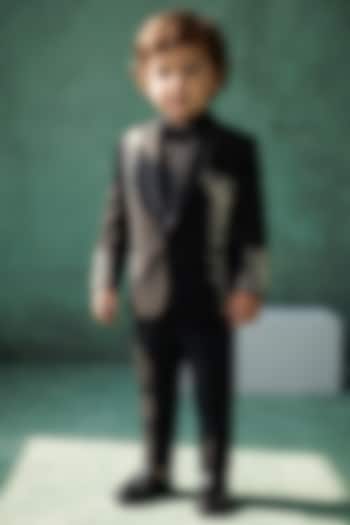 Black Japanese Rayon Resham Hand Work Tuxedo Set For Boys by Abees Kids at Pernia's Pop Up Shop
