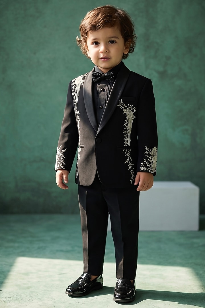 Black Japanese Rayon Resham Hand Work Tuxedo Set For Boys by Abees Kids at Pernia's Pop Up Shop