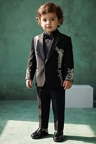Black Japanese Rayon Resham Hand Work Tuxedo Set For Boys by Abees Kids