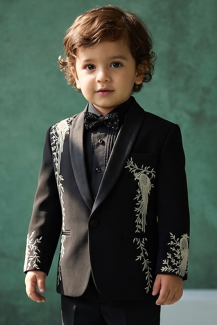 Black Japanese Rayon Resham Hand Work Tuxedo Set For Boys by Abees Kids at Pernia's Pop Up Shop