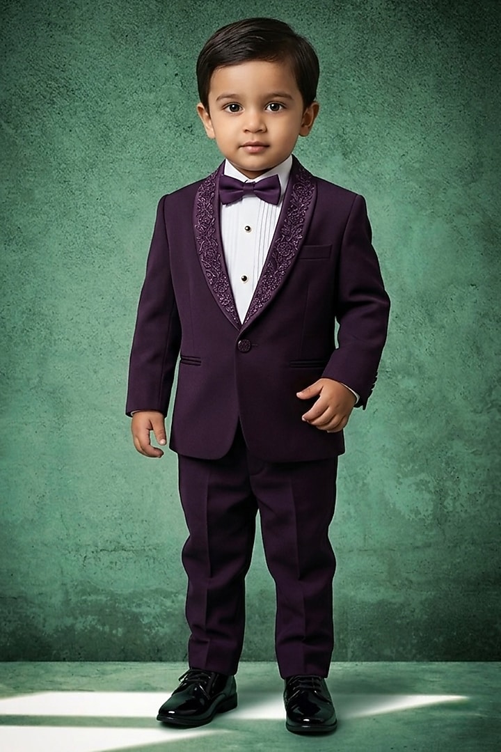 Dark Violet Japanese Twill Handwork Tuxedo Set For Boys by Abees Kids at Pernia's Pop Up Shop