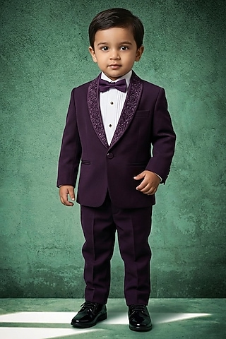 Dark Violet Japanese Twill Handwork Tuxedo Set For Boys by Abees Kids