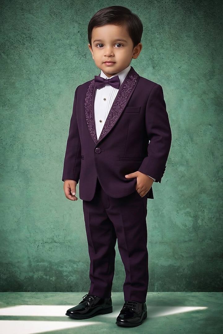 Dark Violet Japanese Twill Handwork Tuxedo Set For Boys by Abees Kids at Pernia's Pop Up Shop