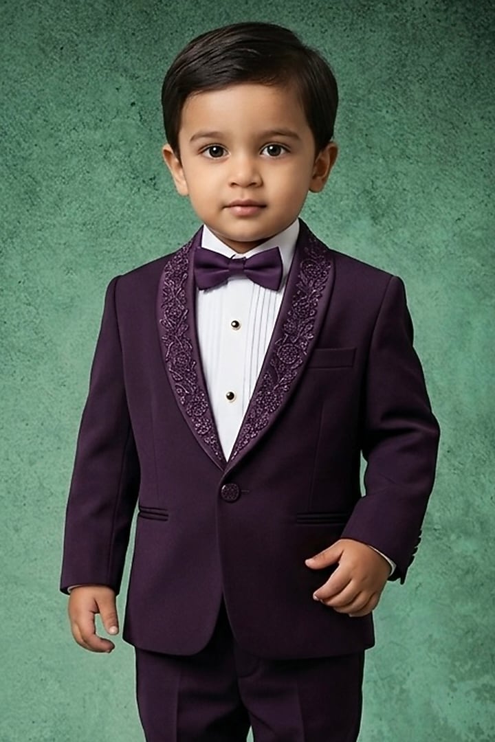 Dark Violet Japanese Twill Handwork Tuxedo Set For Boys by Abees Kids at Pernia's Pop Up Shop