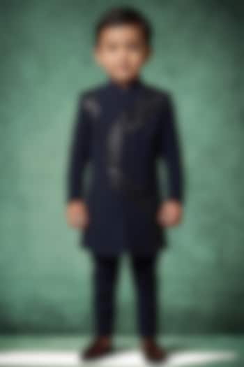Navy Blue Japanese Twill Hand Embroidered Indowestern Set For Boys by Abees Kids at Pernia's Pop Up Shop