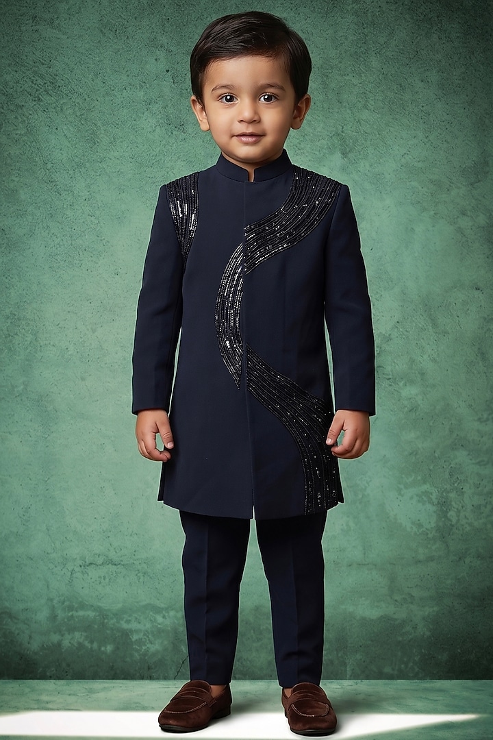 Navy Blue Japanese Twill Hand Embroidered Indowestern Set For Boys by Abees Kids at Pernia's Pop Up Shop