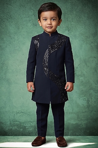 Navy Blue Japanese Twill Hand Embroidered Indowestern Set For Boys by Abees Kids