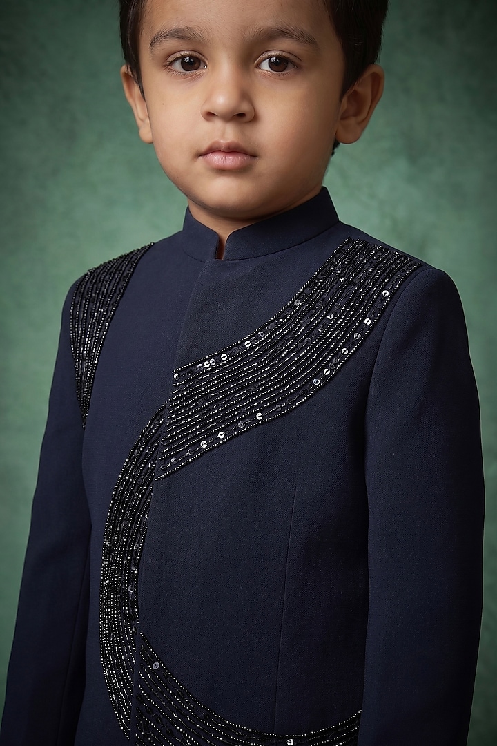 Navy Blue Japanese Twill Hand Embroidered Indowestern Set For Boys by Abees Kids at Pernia's Pop Up Shop