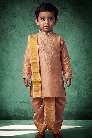 Peach Pattu Silk Embroidered Kurta Set For Boys by Abees Kids