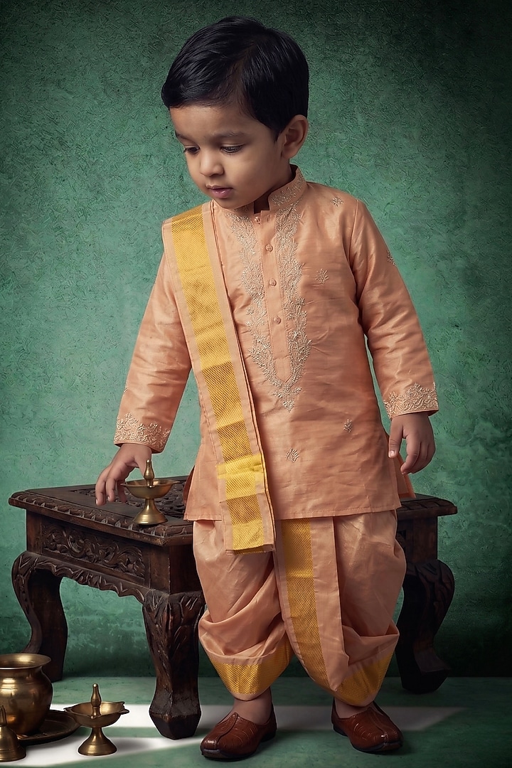 Peach Pattu Silk Embroidered Kurta Set For Boys by Abees Kids at Pernia's Pop Up Shop