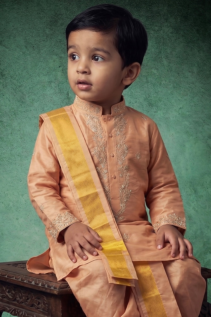 Peach Pattu Silk Embroidered Kurta Set For Boys by Abees Kids at Pernia's Pop Up Shop