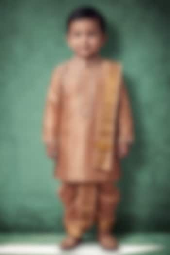 Peach Pattu Silk Embroidered Kurta Set For Boys by Abees Kids at Pernia's Pop Up Shop