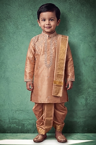 Peach Pattu Silk Embroidered Kurta Set For Boys by Abees Kids
