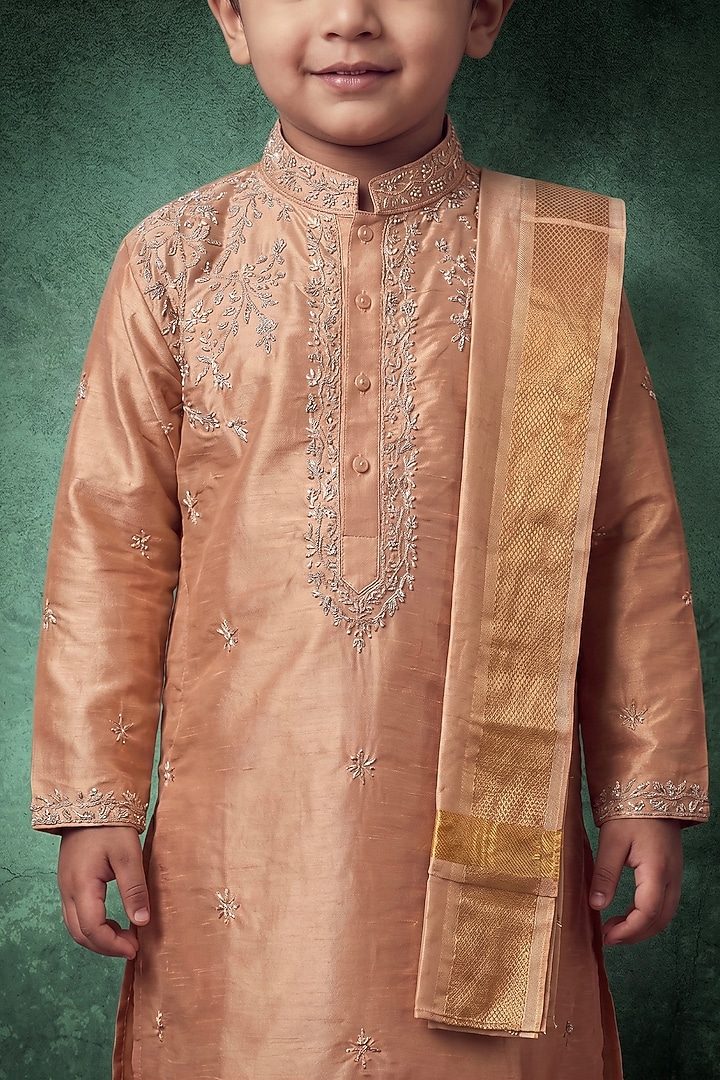 Peach Pattu Silk Embroidered Kurta Set For Boys by Abees Kids at Pernia's Pop Up Shop
