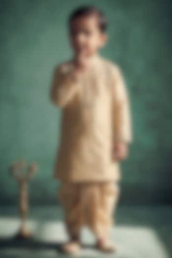 Champagne Gold Pattu Silk Embroidered Kurta Set For Boys by Abees Kids at Pernia's Pop Up Shop