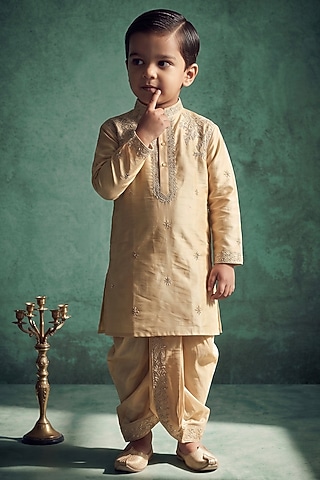 Champagne Gold Pattu Silk Embroidered Kurta Set For Boys by Abees Kids