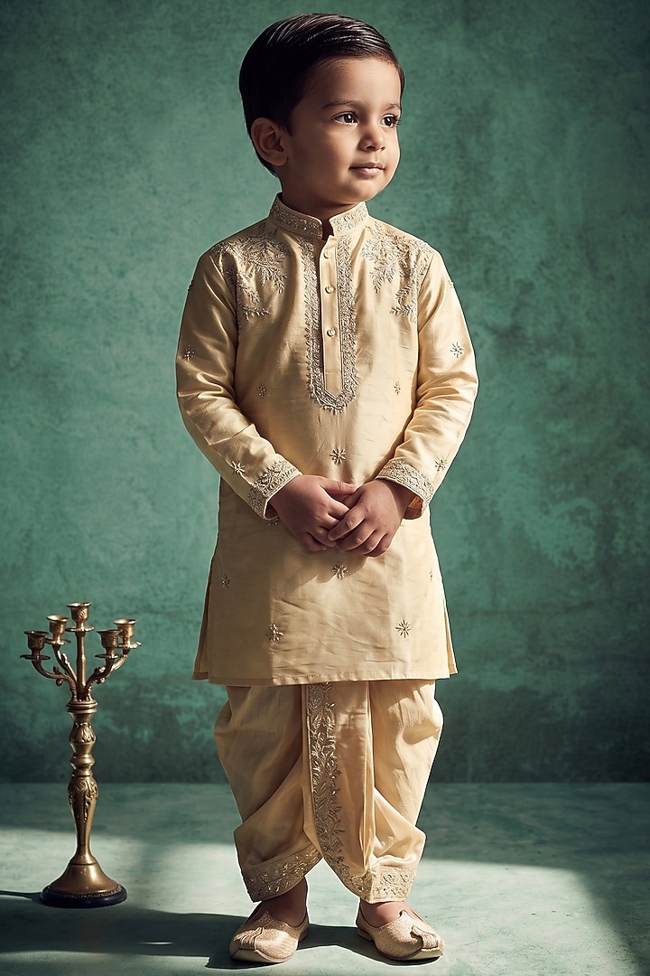 Champagne Gold Pattu Silk Embroidered Kurta Set For Boys by Abees Kids at Pernia's Pop Up Shop