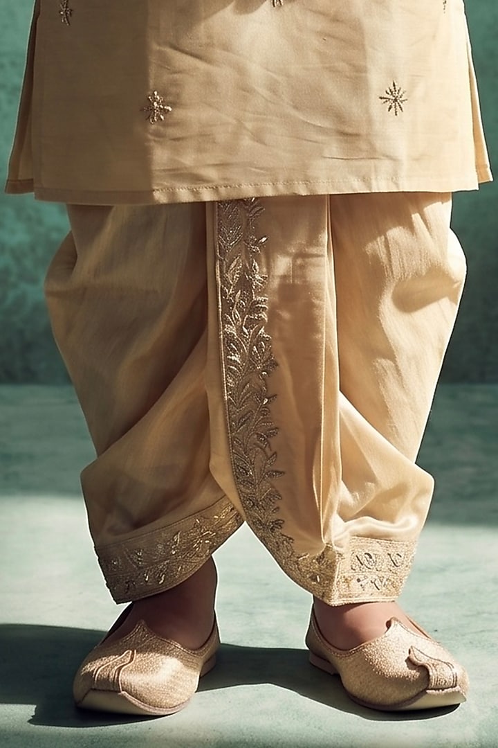 Champagne Gold Pattu Silk Embroidered Kurta Set For Boys by Abees Kids at Pernia's Pop Up Shop
