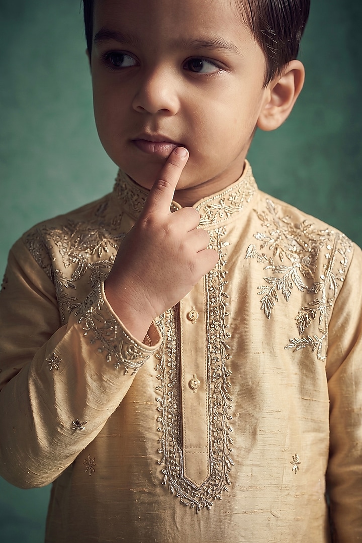 Champagne Gold Pattu Silk Embroidered Kurta Set For Boys by Abees Kids at Pernia's Pop Up Shop