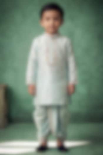 Mint Green Pattu Silk Embroidered Kurta Set For Boys by Abees Kids at Pernia's Pop Up Shop