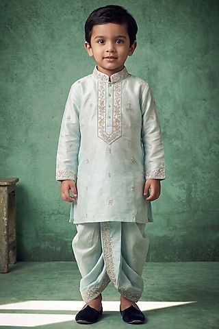 Mint Green Pattu Silk Embroidered Kurta Set For Boys by Abees Kids