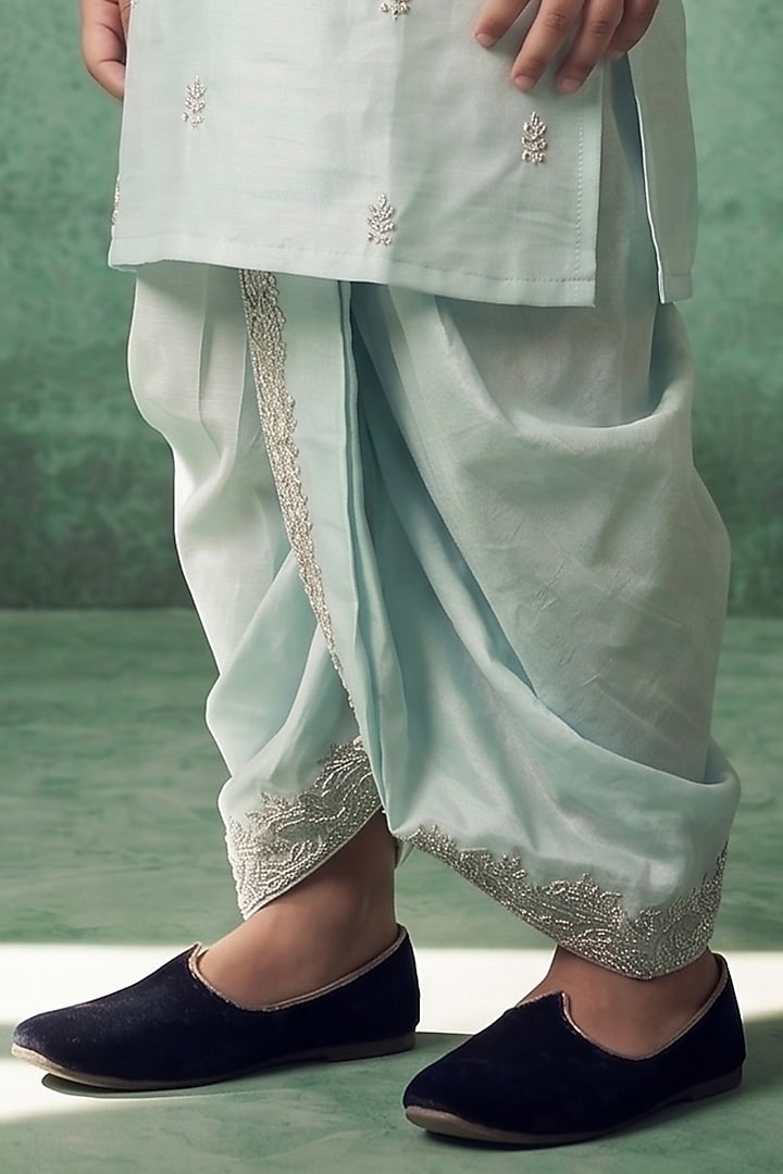 Mint Green Pattu Silk Embroidered Kurta Set For Boys by Abees Kids at Pernia's Pop Up Shop