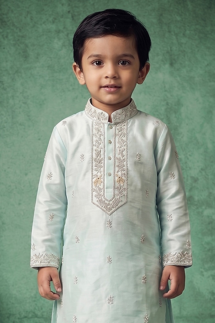 Mint Green Pattu Silk Embroidered Kurta Set For Boys by Abees Kids at Pernia's Pop Up Shop