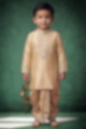 Champagne Gold Pattu Silk Embroidered Kurta Set For Boys by Abees Kids at Pernia's Pop Up Shop