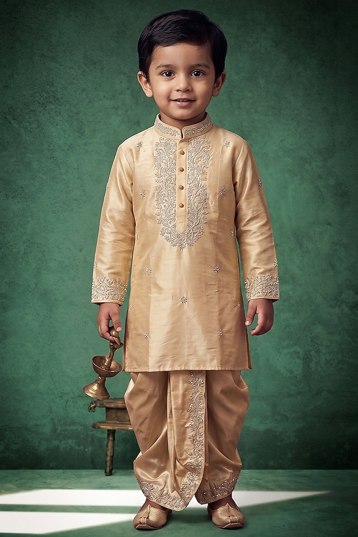 Champagne Gold Pattu Silk Embroidered Kurta Set For Boys by Abees Kids at Pernia's Pop Up Shop