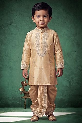 Champagne Gold Pattu Silk Embroidered Kurta Set For Boys by Abees Kids
