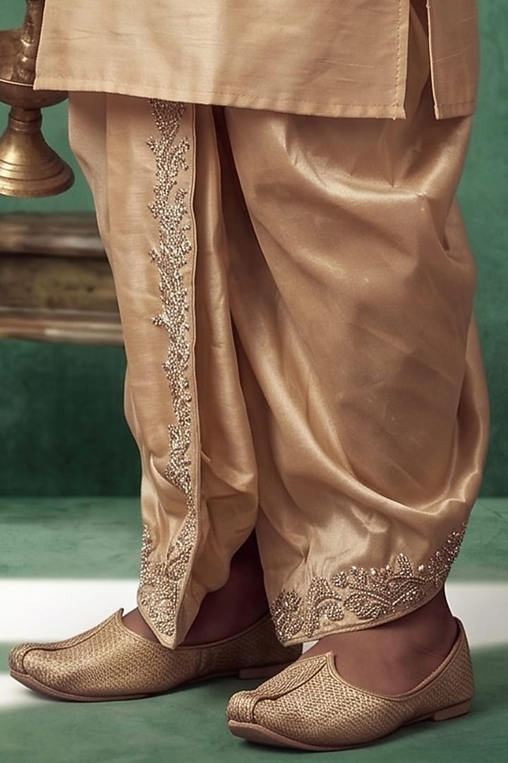 Champagne Gold Pattu Silk Embroidered Kurta Set For Boys by Abees Kids at Pernia's Pop Up Shop