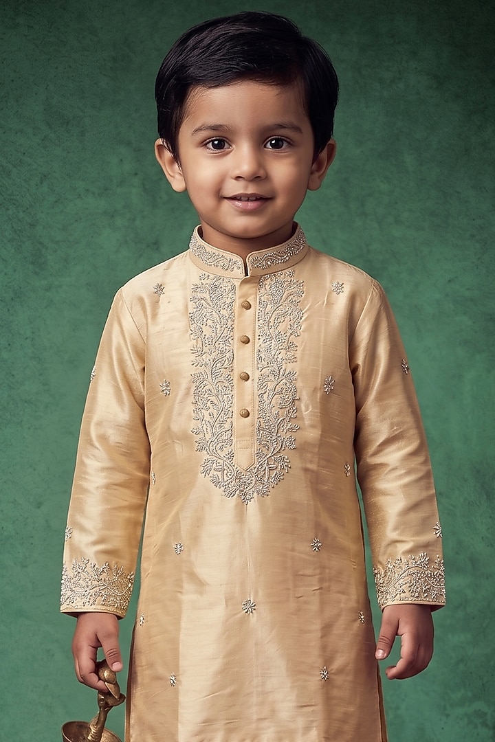 Champagne Gold Pattu Silk Embroidered Kurta Set For Boys by Abees Kids at Pernia's Pop Up Shop
