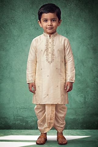Ivory Pattu Silk Embroidered Kurta Set For Boys by Abees Kids