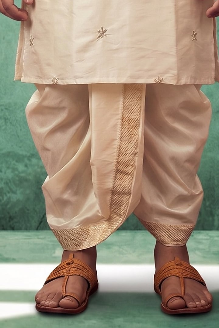 Ivory Pattu Silk Embroidered Kurta Set For Boys by Abees Kids at Pernia's Pop Up Shop