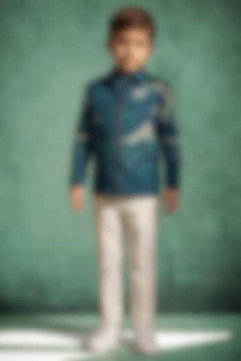 Navy Blue Pattu Silk Hand Embroidered Bomber Jacket Set For Boys by Abees Kids at Pernia's Pop Up Shop