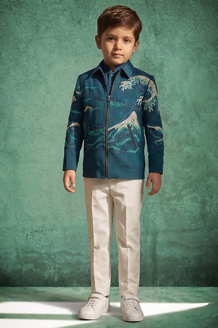 Navy Blue Pattu Silk Hand Embroidered Bomber Jacket Set For Boys by Abees Kids at Pernia's Pop Up Shop