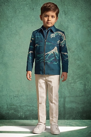 Navy Blue Pattu Silk Hand Embroidered Bomber Jacket Set For Boys by Abees Kids