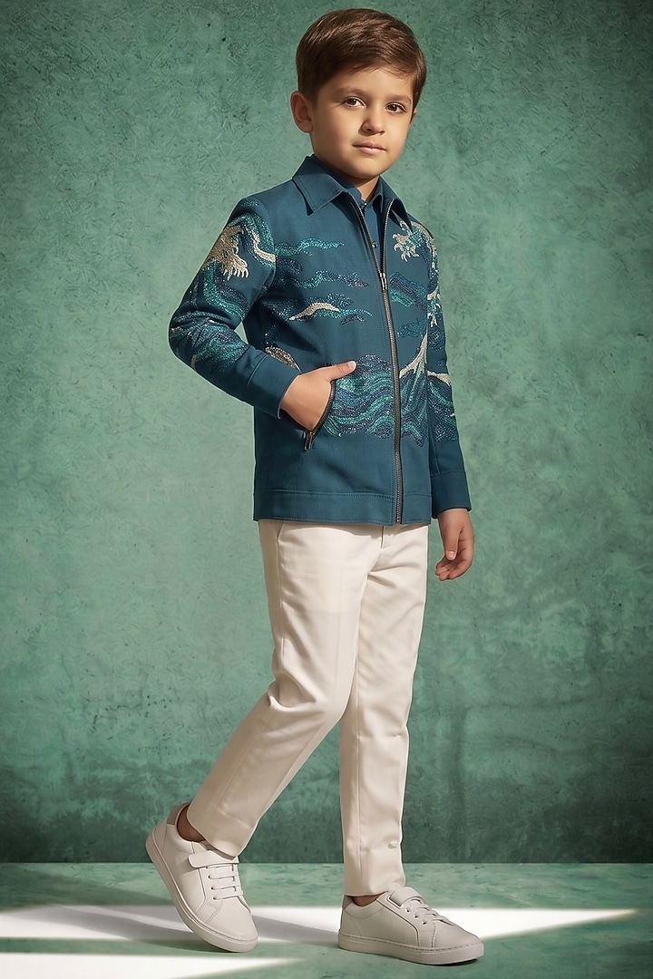 Navy Blue Pattu Silk Hand Embroidered Bomber Jacket Set For Boys by Abees Kids at Pernia's Pop Up Shop