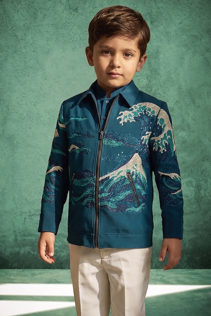 Navy Blue Pattu Silk Hand Embroidered Bomber Jacket Set For Boys by Abees Kids at Pernia's Pop Up Shop