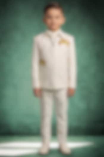 Ivory Blended Suiting Beads Embroidered Bomber Jacket Set For Boys by Abees Kids at Pernia's Pop Up Shop